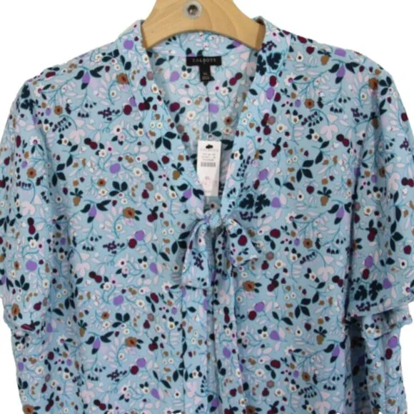 Talbots Floral Top New Women Short Sleeve Blouse V Neck Bow Shirt sz XL - Picture 2 of 11